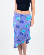 Vintage low rise purple floral knit midi skirt with an asymmetrical hem