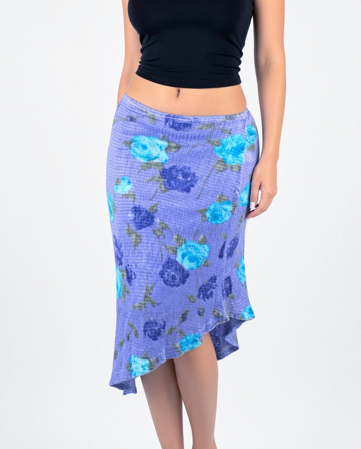 Vintage low rise purple floral knit midi skirt with an asymmetrical hem