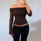 VINTAGE Brown lace fold over off the shoulder long sleeve top