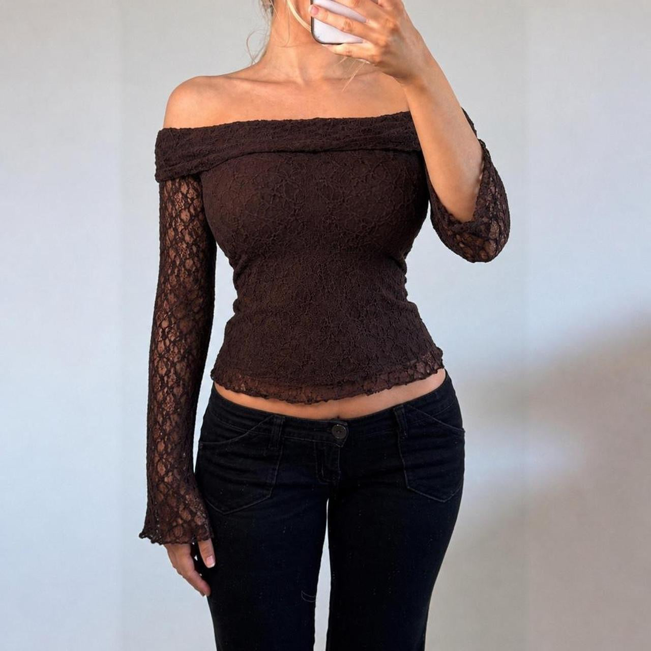 VINTAGE Brown lace fold over off the shoulder long sleeve top