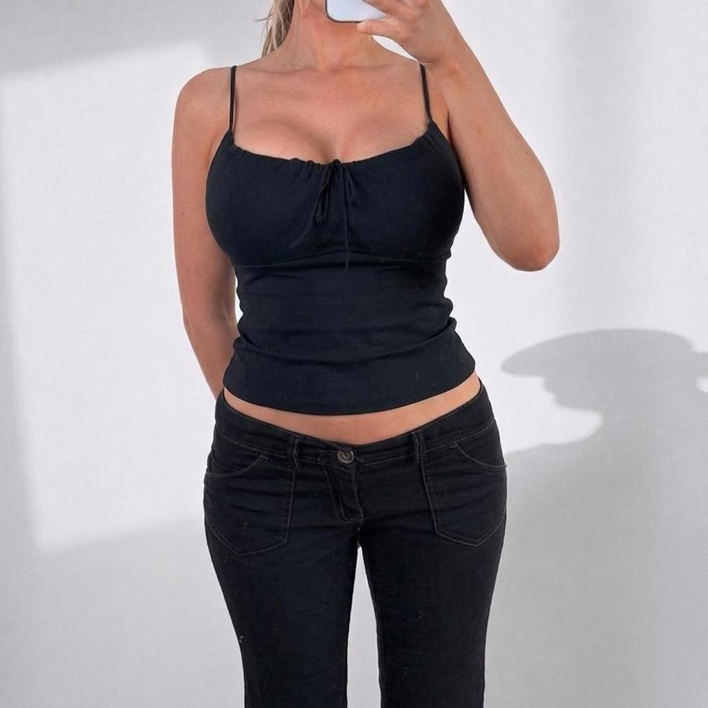 VINTAGE Morgan de toi black ruched milkmaid cami crop top