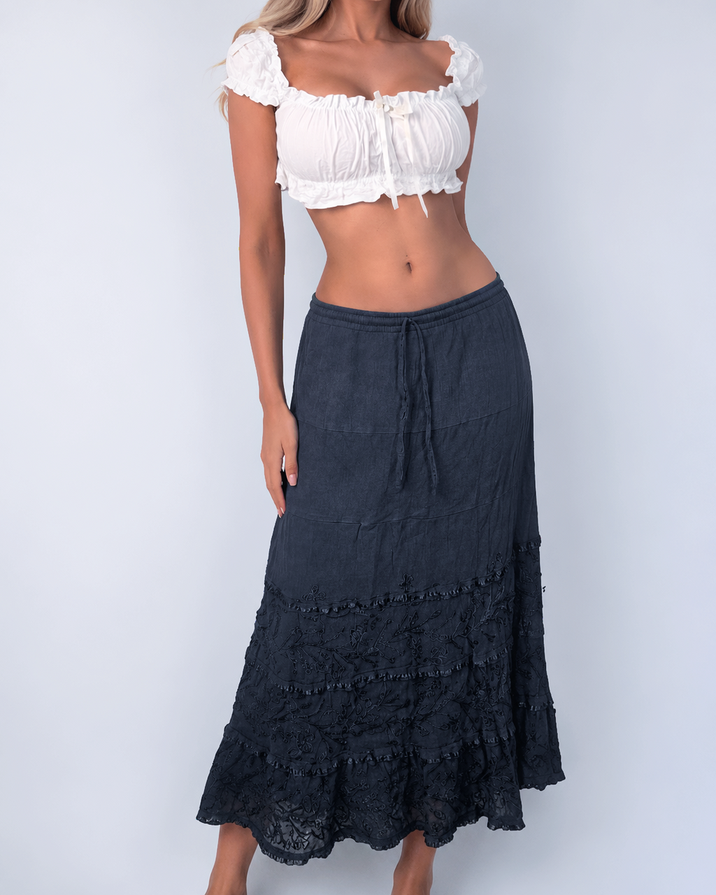 Vintage black tiered maxi skirt