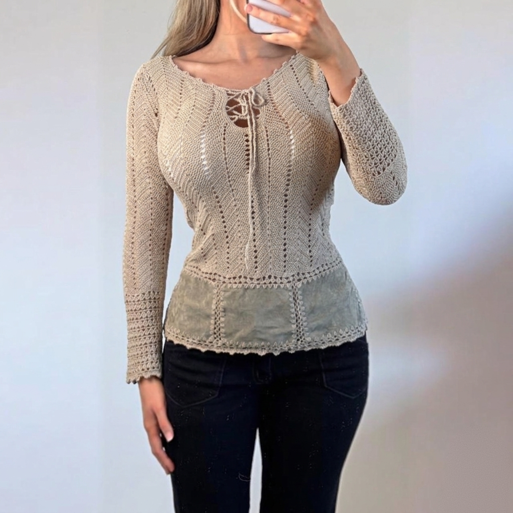 VINTAGE Beige crotchet long sleeve blouse top
