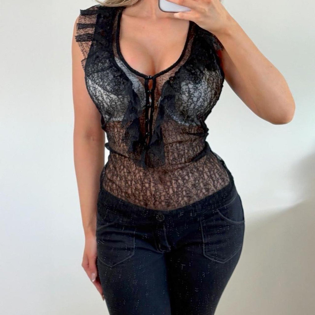 VINTAGE black lace blouse top