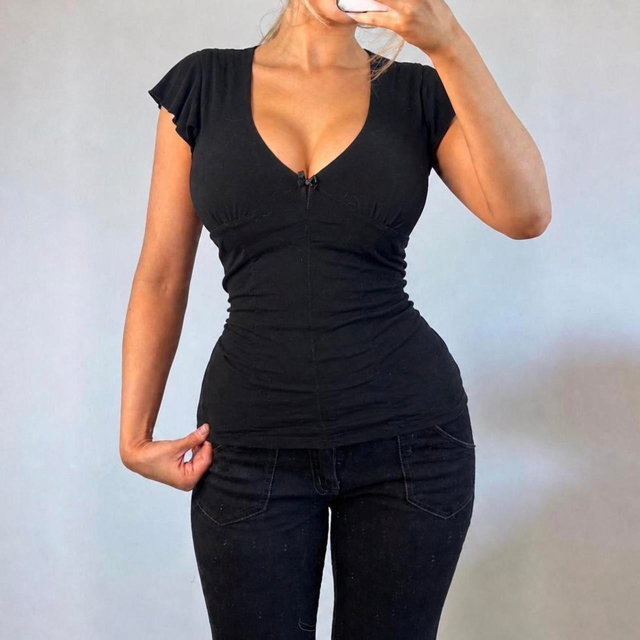 VINTAGE black ruched short sleeve blouse top