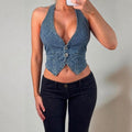 VINTAGE Blue denim cropped waist coat corset top