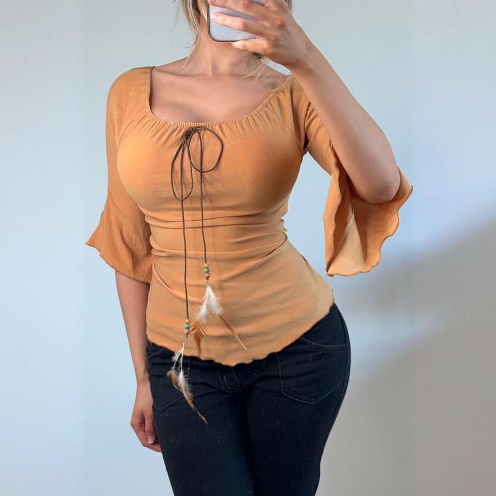 VINTAGE tan orange milkmaid blouse top