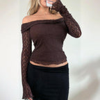 VINTAGE Brown lace fold over off the shoulder long sleeve top