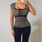 VINTAGE Leopard print milkmaid blouse top