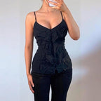VINTAGE black ruffle button floral cami top