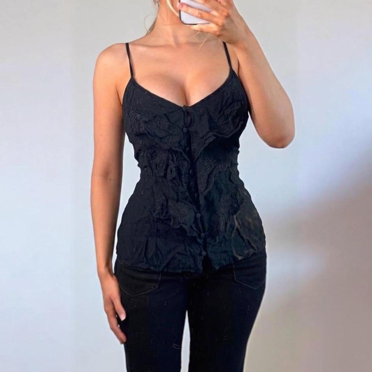 VINTAGE black ruffle button floral cami top
