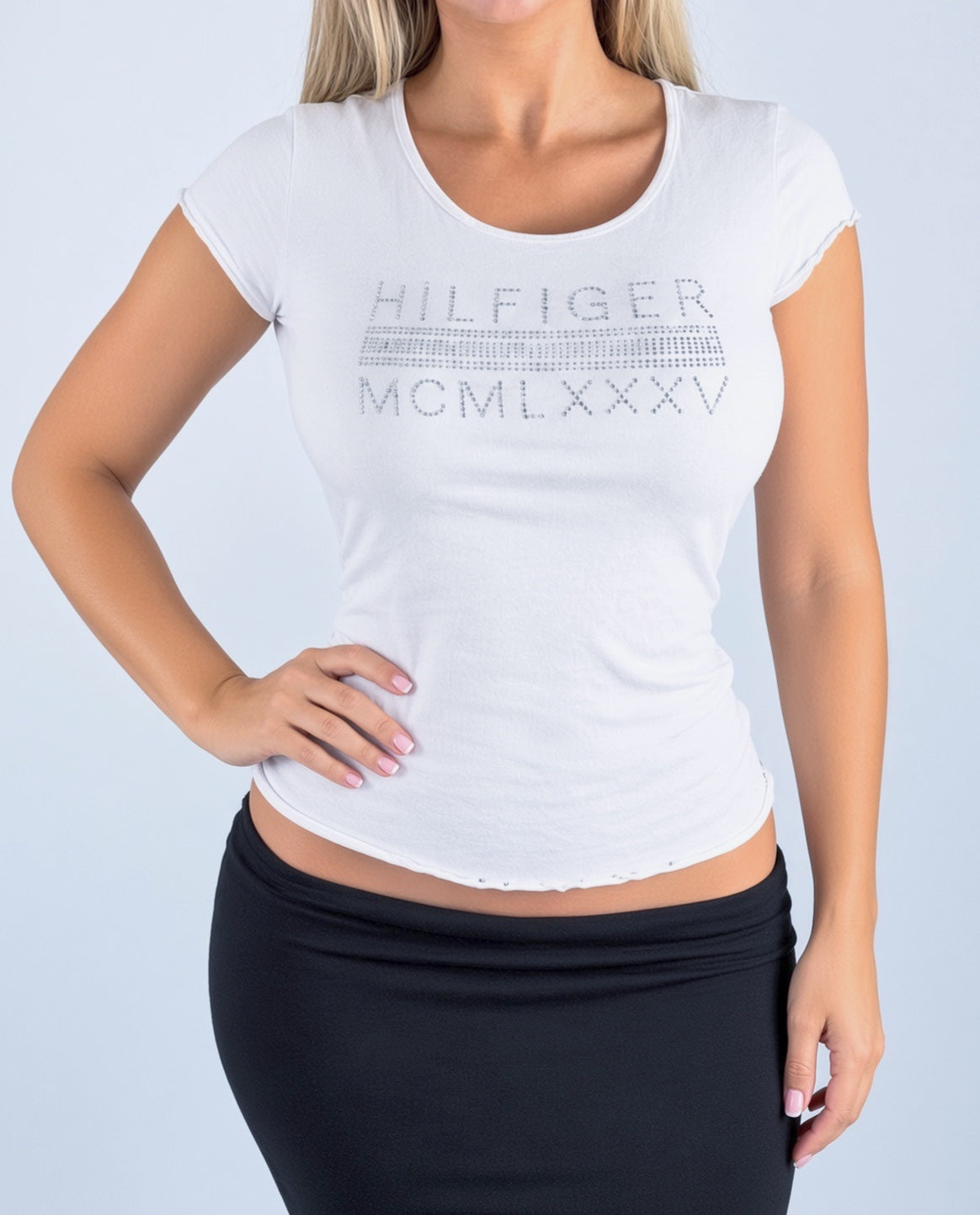 Vintage Tommy Hilfiger White Short Sleeve Designer Baby tee Rhinestone Top
