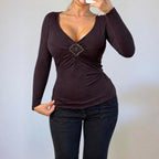 Vintage Brown long sleeve v neck blouse top