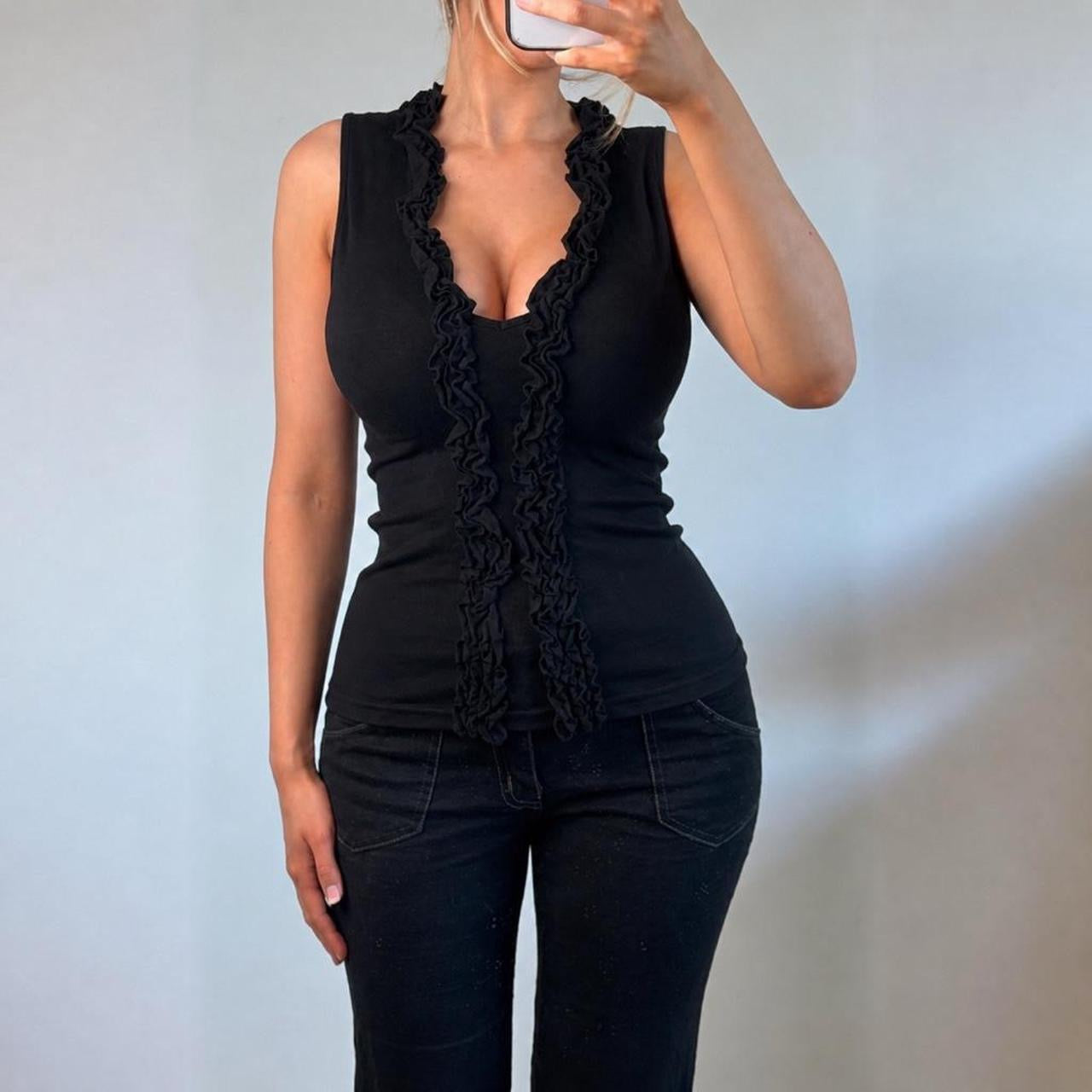 VINTAGE black ruffle sleeveless blouse top