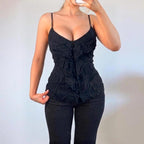 VINTAGE black ruffle button floral cami top