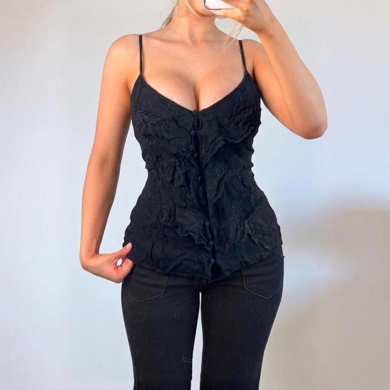 VINTAGE black ruffle button floral cami top