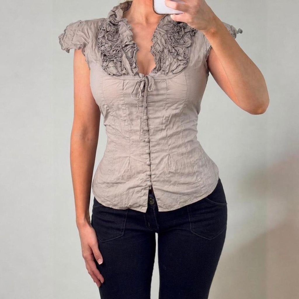 VINTAGE brown ruffle blouse top