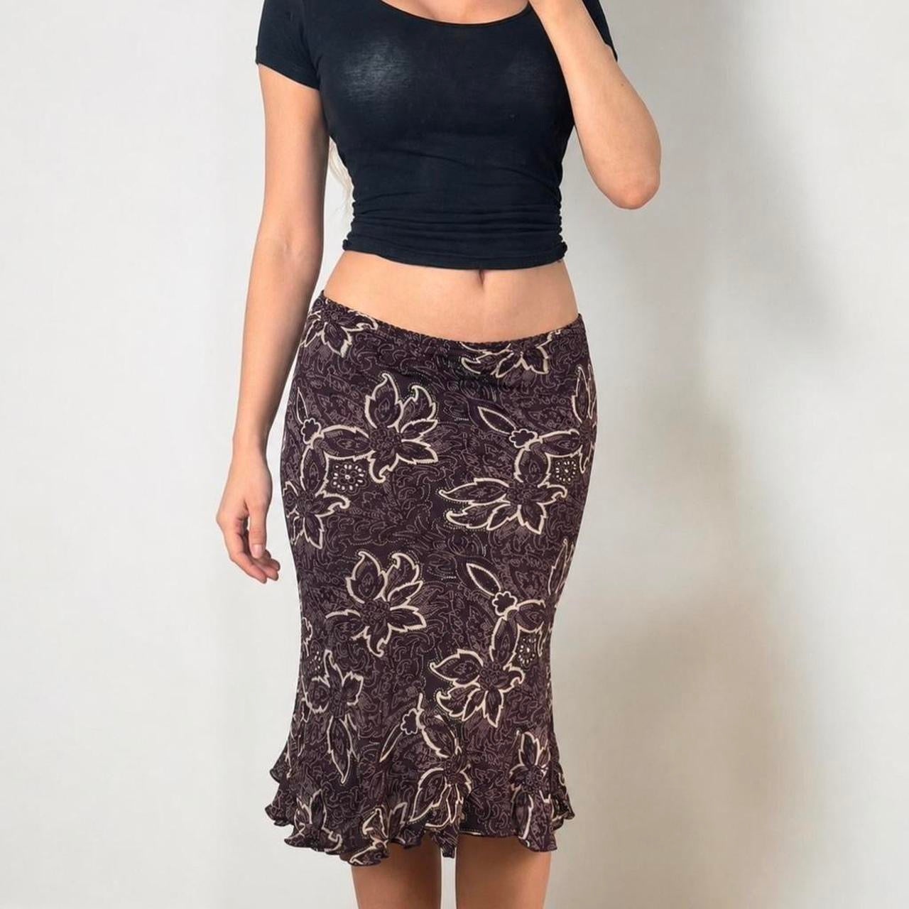 VINTAGE brown floral low rise midi skirt