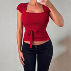 VINTAGE Red short sleeve tie blouse top