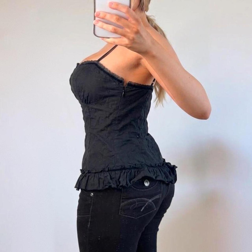 VINTAGE black ruffle cami vest top with crotchet embroidery