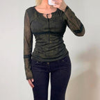 VINTAGE black paisley mesh long sleeve blouse top