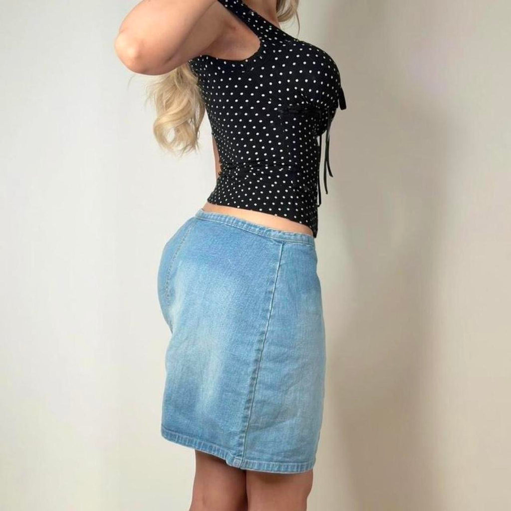 VINTAGE Blue denim mini skirt with lace up front