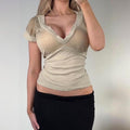 Cream ribbed short sleeve blouse top