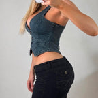 VINTAGE Blue denim cropped waist coat corset top