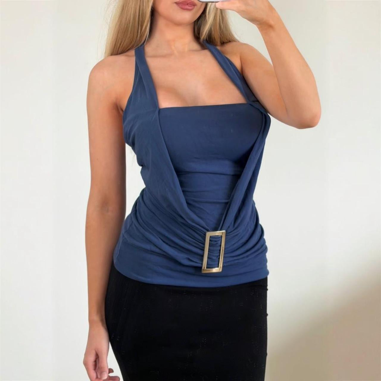 Navy blue ruched halter neck top with silver buckle detail
