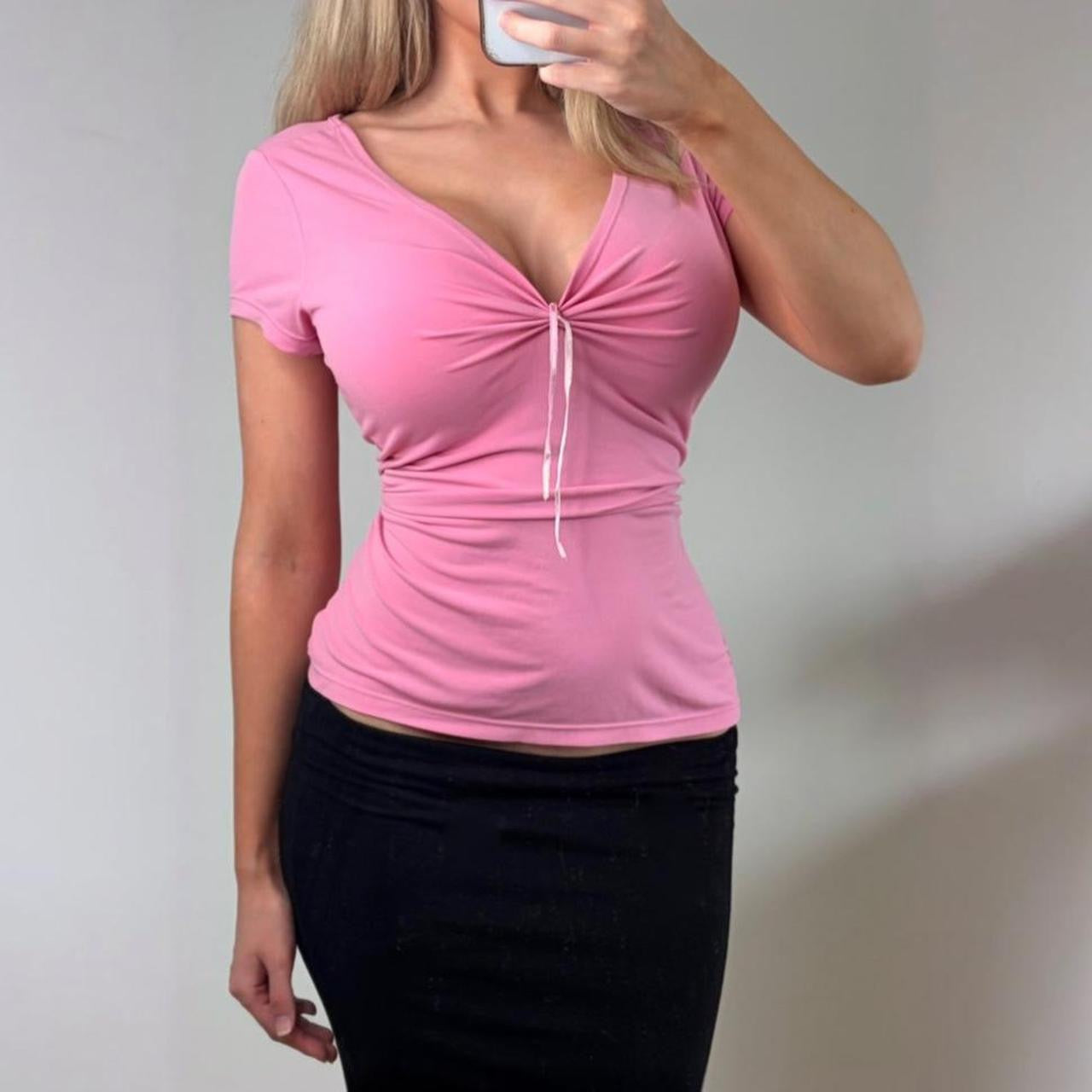 VINTAGE Pink short sleeve ruched blouse top