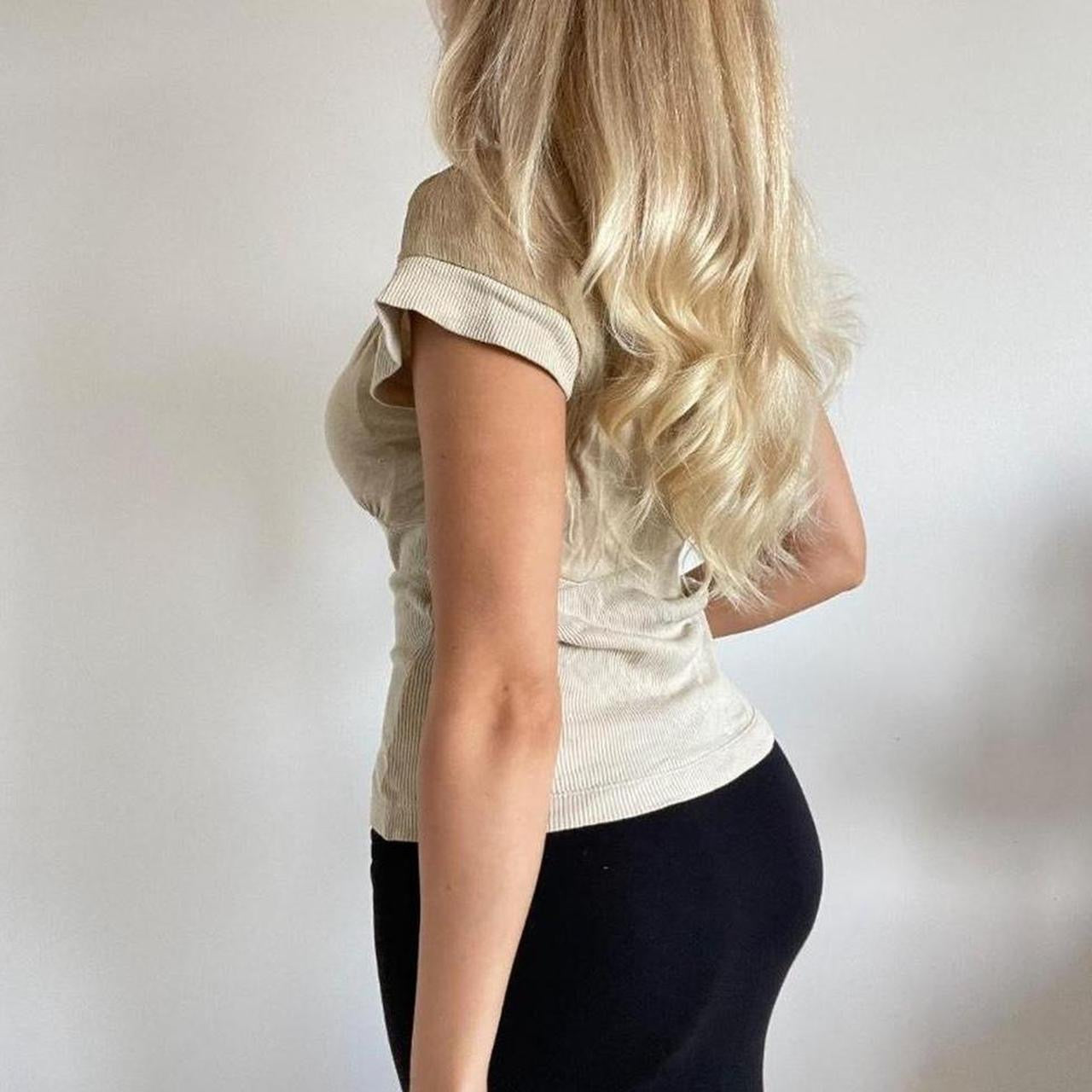 Cream ribbed short sleeve blouse top