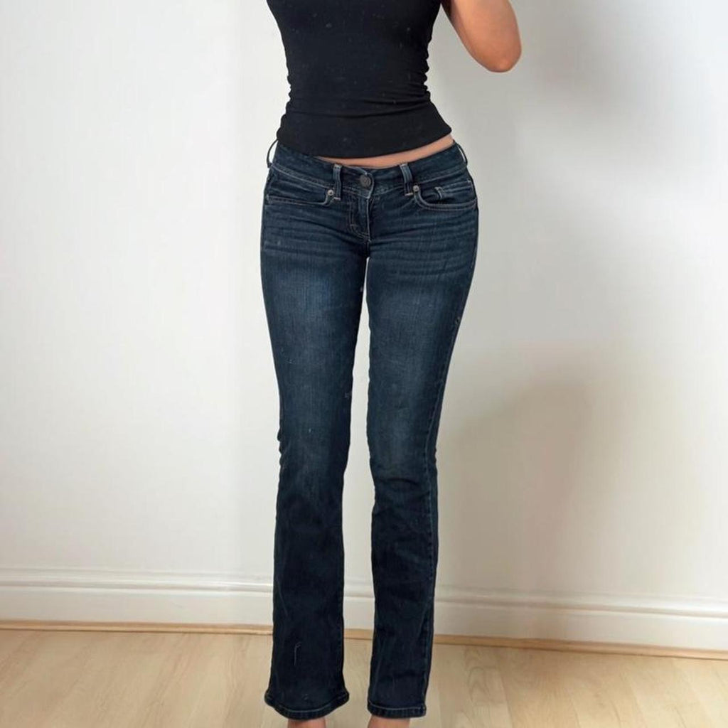 Blue low rise flared denim jeans