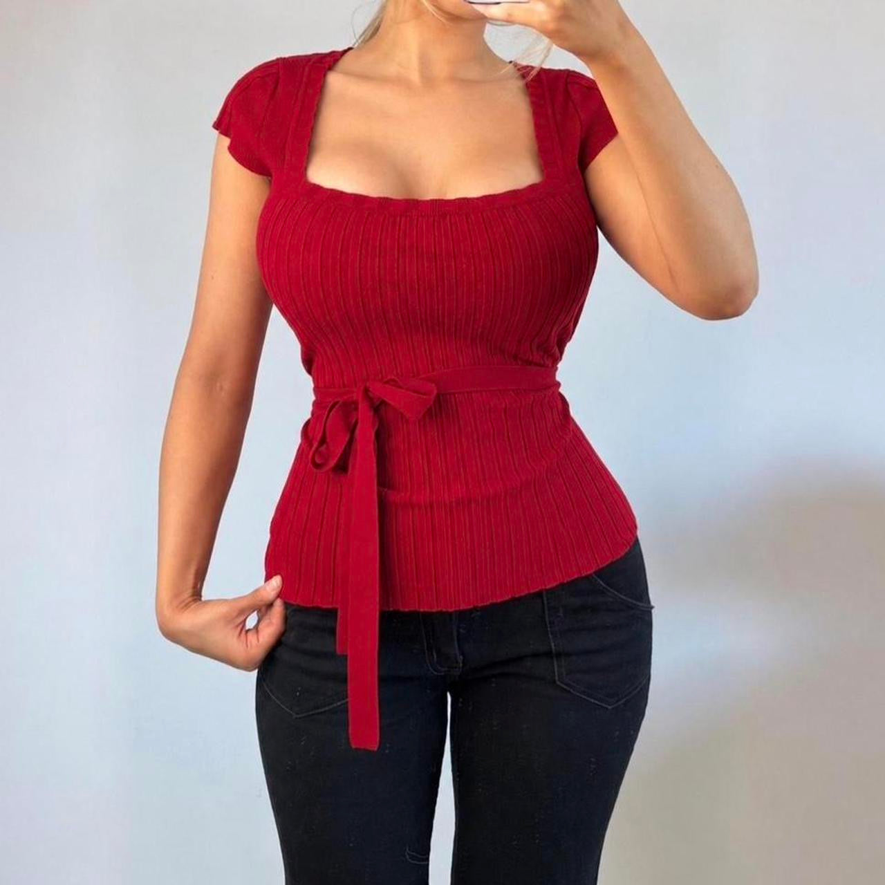 VINTAGE Red short sleeve tie blouse top