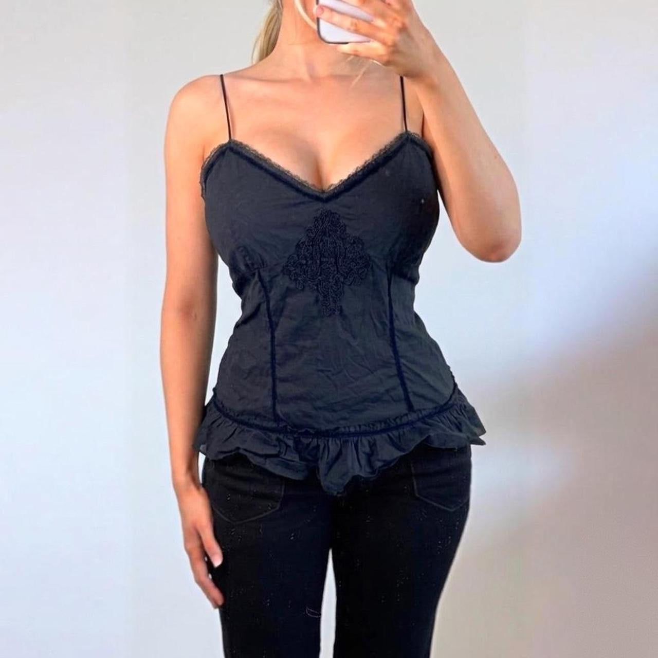 VINTAGE black ruffle cami vest top with crotchet embroidery