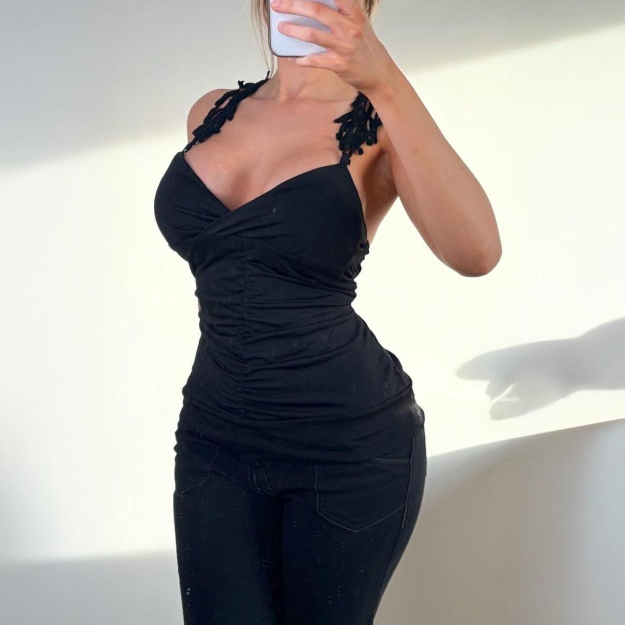 VINTAGE black ruched crotchet cami halter neck top