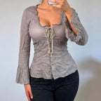 VINTAGE grey polkadot milkmaid blouse shirt top