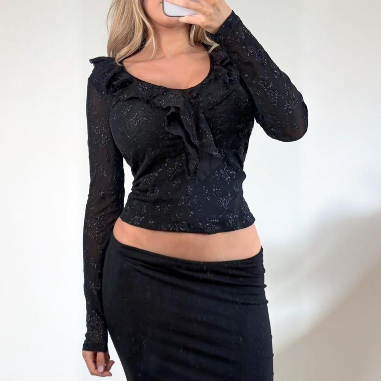 VINTAGE Black long sleeve ruffle blouse top