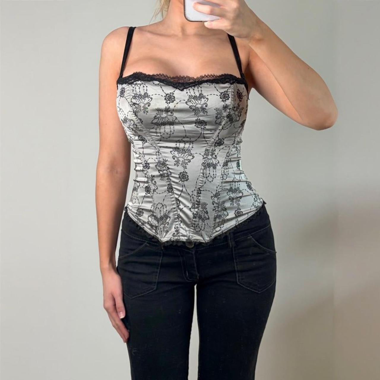 Silver black floral boned corset top