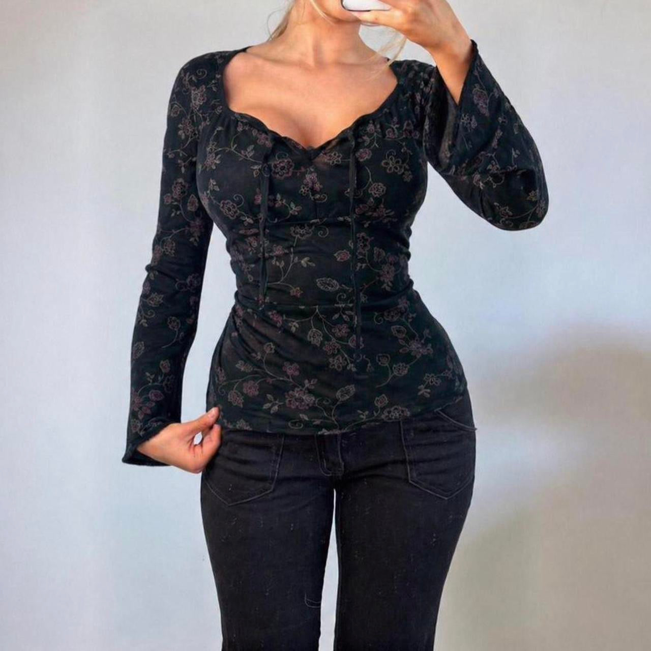 VINTAGE black floral mesh long sleeve blouse top