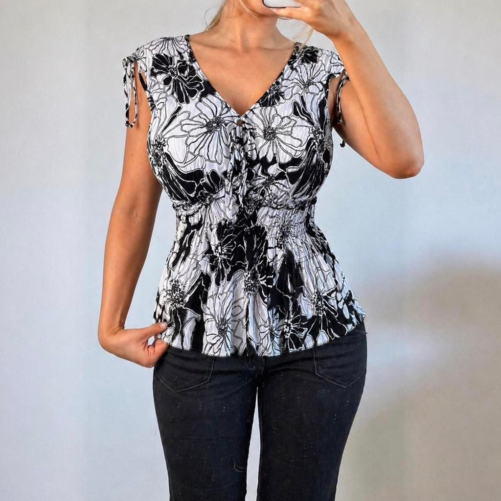 VINTAGE black and white mesh floral blouse top