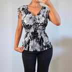 VINTAGE black and white mesh floral blouse top