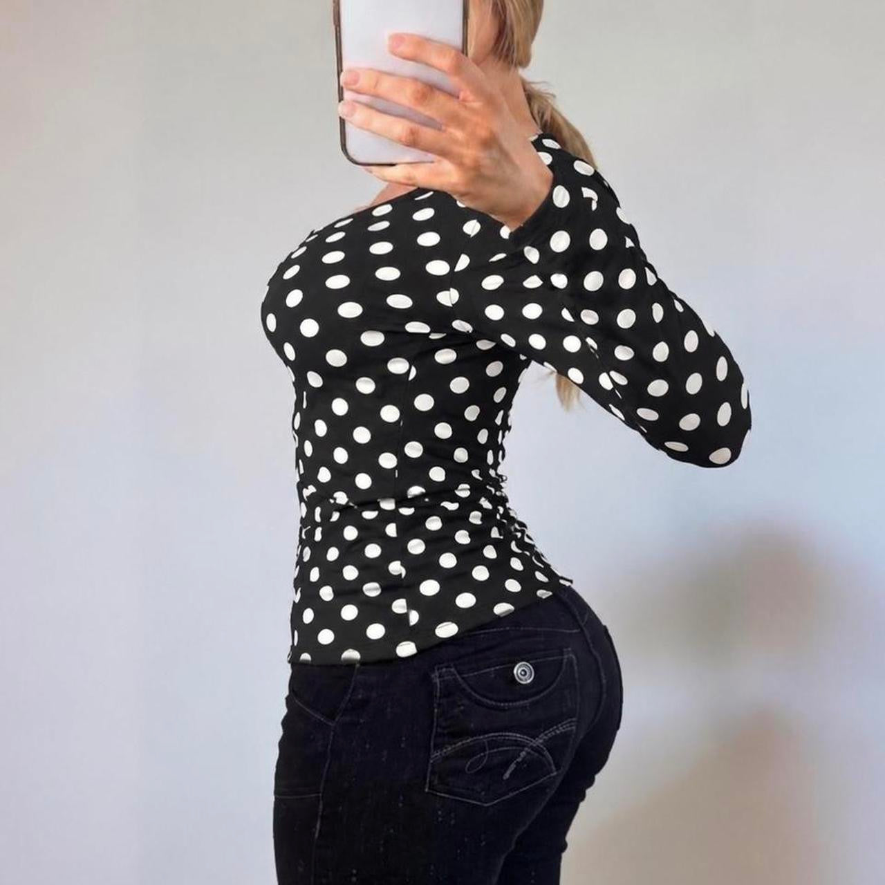 VINTAGE black polka dot long sleeve wrap blouse top