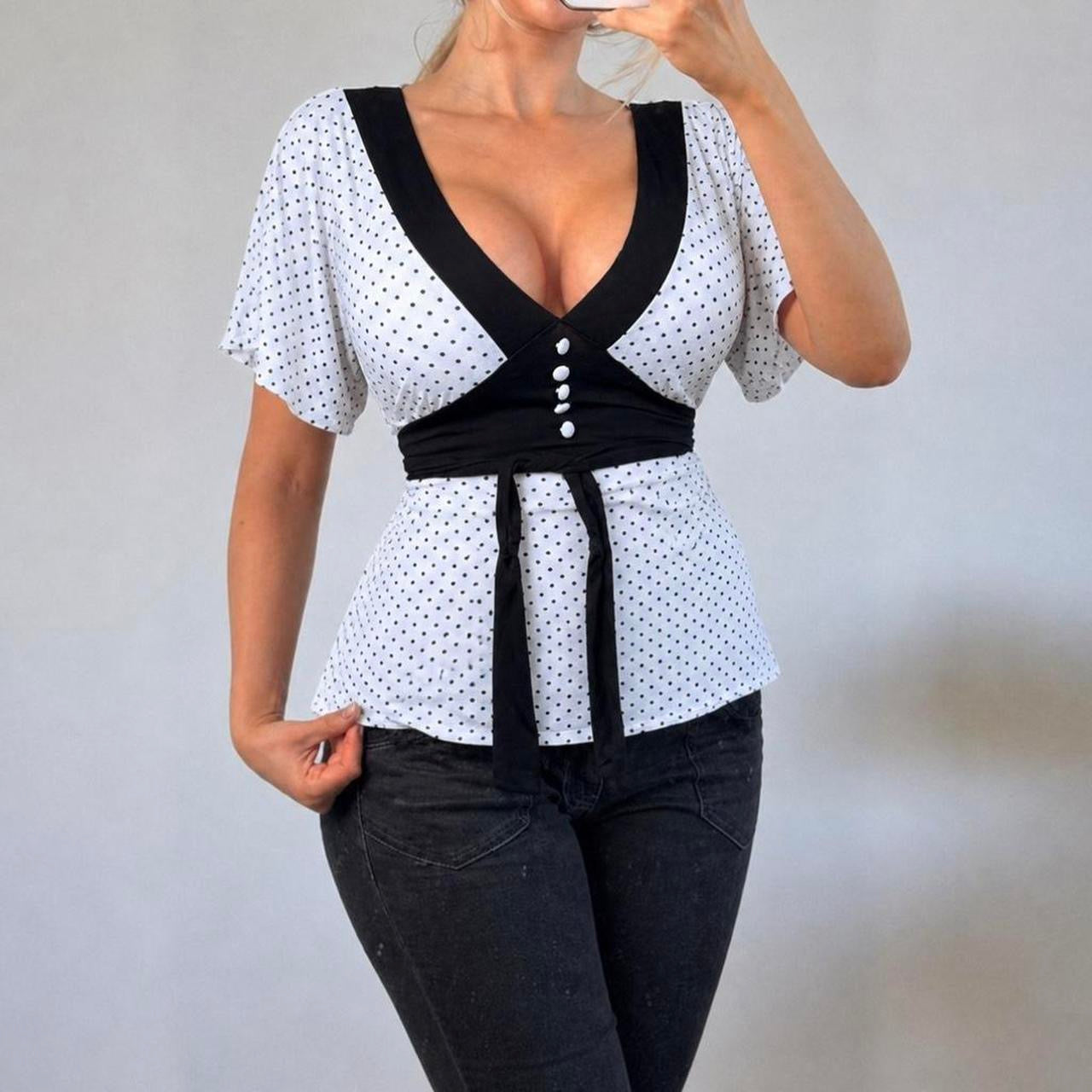 VINTAGE black & white polka dot tie top
