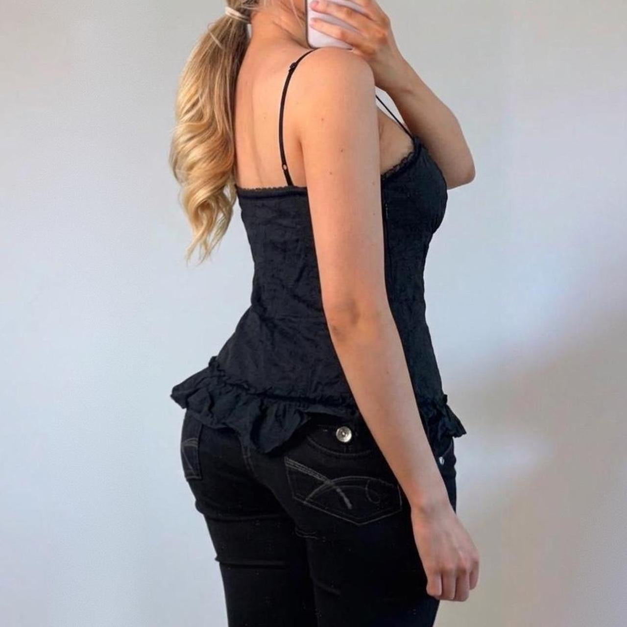 VINTAGE black ruffle cami vest top with crotchet embroidery