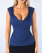 Vintage navy blue polka dot cowl neck blouse top