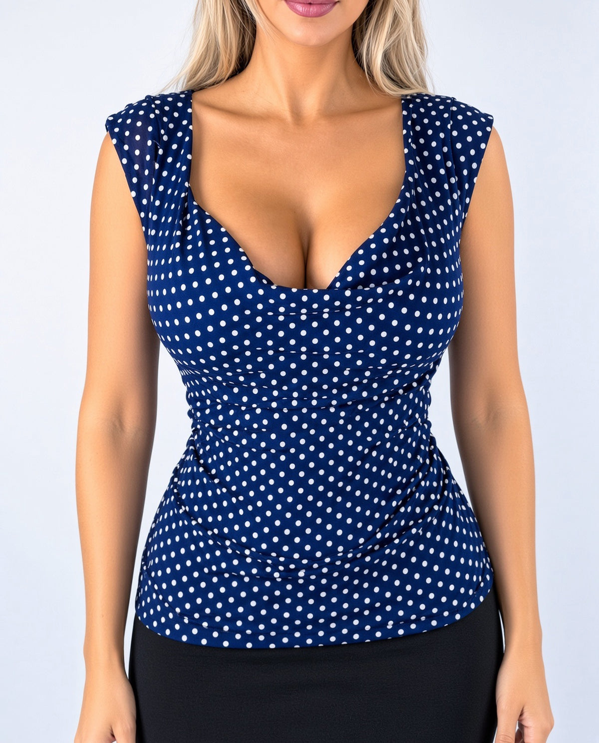 Vintage navy blue polka dot cowl neck blouse top