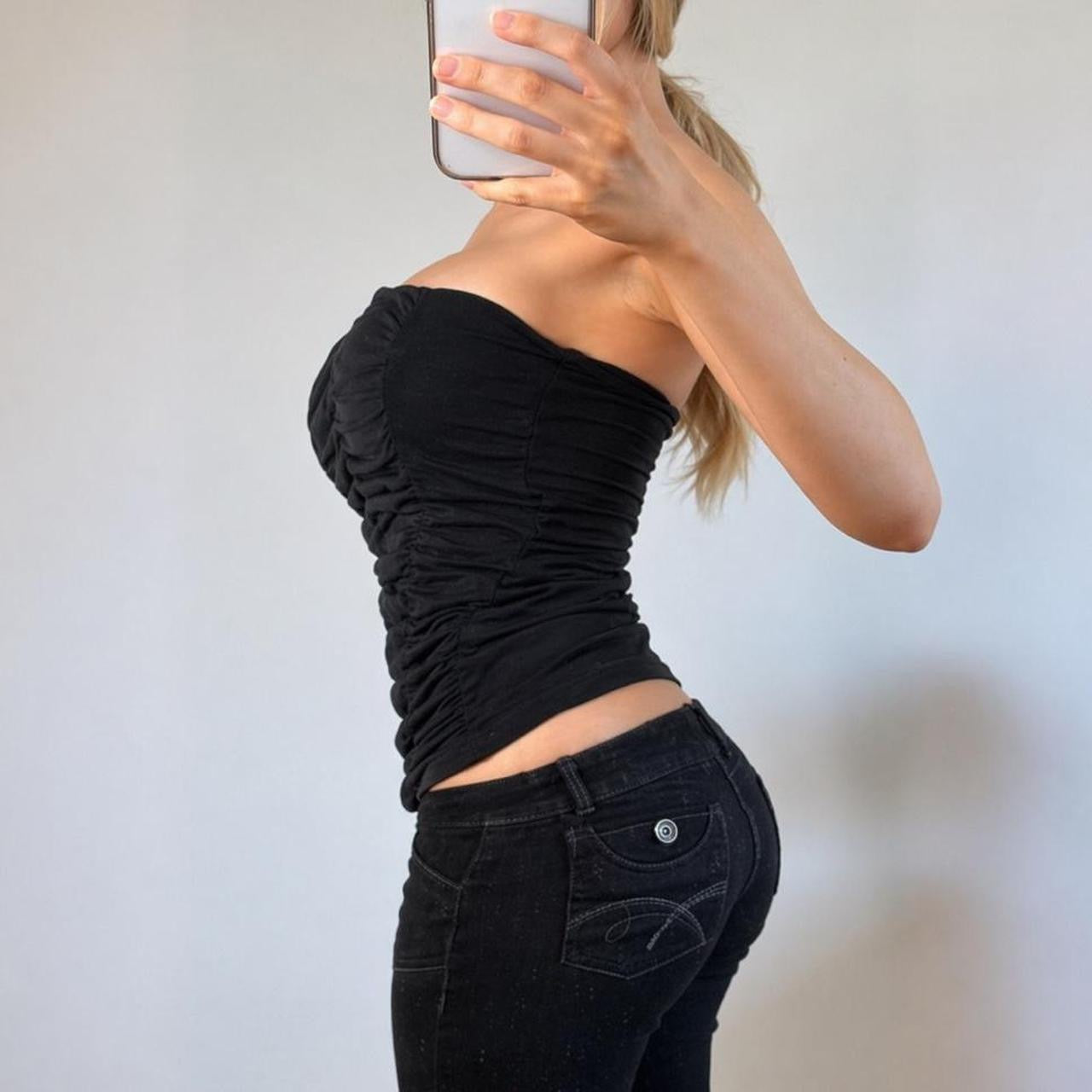 VINTAGE black ruched strapless corset top