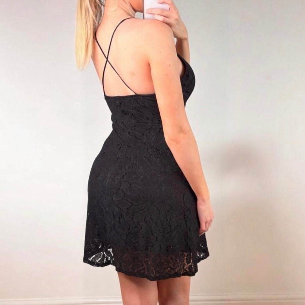 Black crotchet wrap mini dress