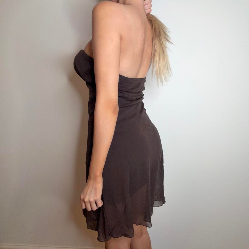 VINTAGE Brown mesh strapless mini dress