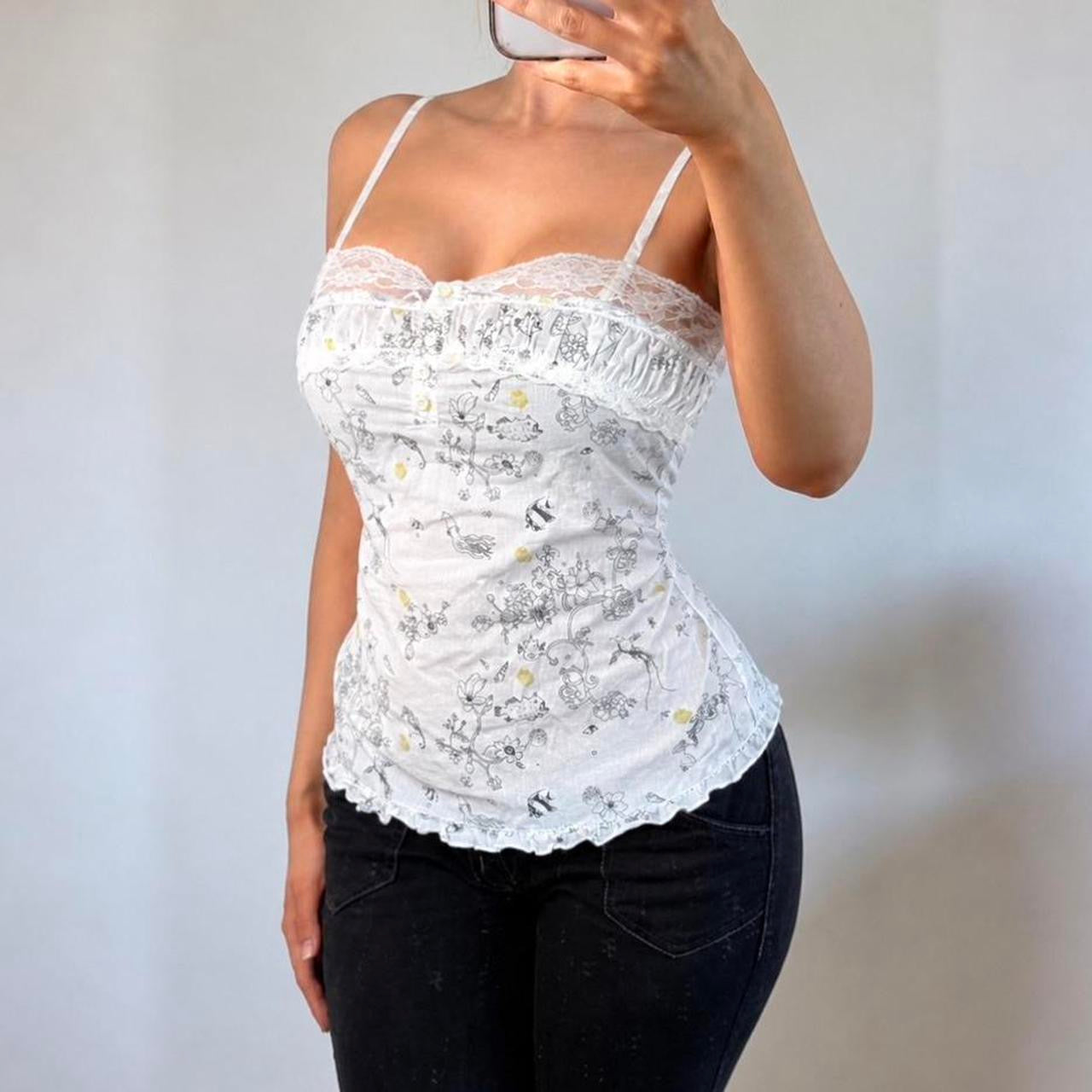 VINTAGE cotton white floral Henley cami vest top